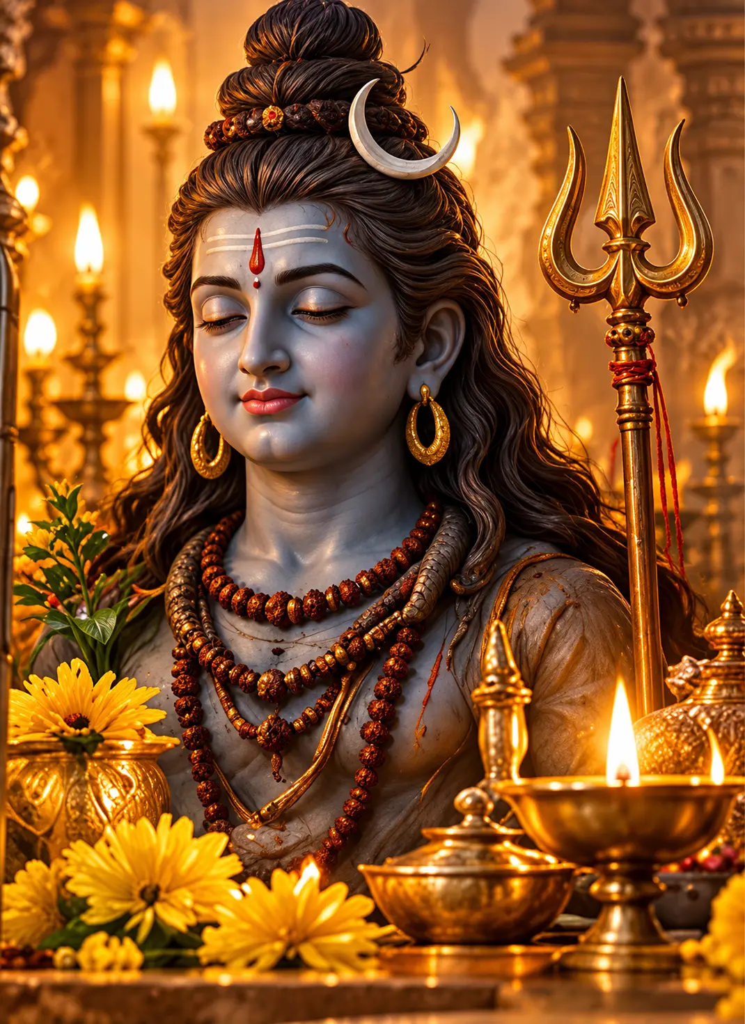 दीयों और फूलों से सजी भगवान शिव की प्रतिमा
